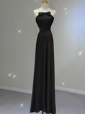 Sexy A line Halter Long Black Satin Prom Dress HZ1022
