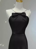 Sexy A line Halter Long Black Satin Prom Dress HZ1022
