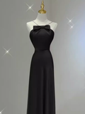 Sexy A line Halter Long Black Satin Prom Dress HZ1022