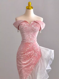Sexy High Low Off The Shoulder Pink Velvet Prom Dress HZ1022