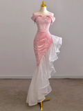 Sexy High Low Off The Shoulder Pink Velvet Prom Dress HZ1022