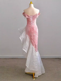 Sexy High Low Off The Shoulder Pink Velvet Prom Dress HZ1022