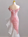 Sexy High Low Off The Shoulder Pink Velvet Prom Dress HZ1022