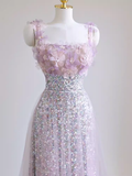 Sexy A line Straps Lilac Sequin Prom Dress HZ1022