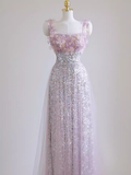 Sexy A line Straps Lilac Sequin Prom Dress HZ1022