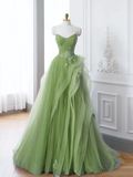 A-Line Tulle Lace Sage Green Long Prom Dress HZ1022