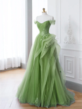 A-Line Tulle Lace Sage Green Long Prom Dress HZ1022