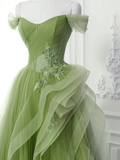 A-Line Tulle Lace Sage Green Long Prom Dress HZ1022