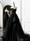 Simple A-Line Satin Strapless Black Long Prom Dress HZ1022