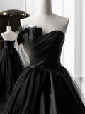 Simple A-Line Satin Strapless Black Long Prom Dress HZ1022