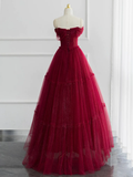 Simple A-Line Tulle Burgundy Long Prom Dress HZ1022