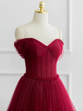 Simple A-Line Tulle Burgundy Long Prom Dress HZ1022