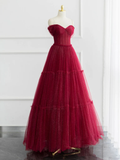 Simple A-Line Tulle Burgundy Long Prom Dress HZ1022