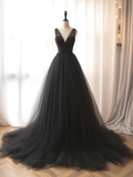 A-Line V Neck Tulle Black Long Prom Dress HZ1022