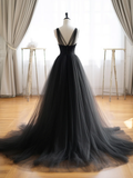 A-Line V Neck Tulle Black Long Prom Dress HZ1022