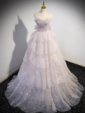 Ball Gown Off Shoulder Tulle Sequin Light Pink Long Prom Dress HZ1022