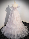 Ball Gown Off Shoulder Tulle Sequin Light Pink Long Prom Dress HZ1022
