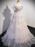 Ball Gown Off Shoulder Tulle Sequin Light Pink Long Prom Dress HZ1022