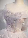 Ball Gown Off Shoulder Tulle Sequin Light Pink Long Prom Dress HZ1022