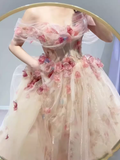 Ball Gown Strapless Champagne Floral Prom Dress Long Party Dresses HZ1022