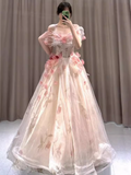 Ball Gown Strapless Champagne Floral Prom Dress Long Party Dresses HZ1022