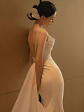 Vintage Mermaid Straps Long White Satin Wedding Dresses HZ1022