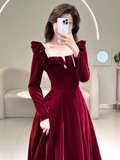 A line Burgundy Velvet Long Prom Dress Party Dresses HZ1022