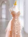 Sparkly Sheath Champagne Sequin Long Prom Dress Party Dresses HZ1022