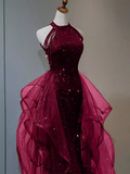 Sparkly Sheath Burgundy Sequin Long Prom Dress Party Dresses HZ1022