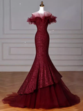 Sparkly Mermaid Burgundy Sequin Long Prom Dress Party Dresses HZ1022