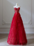 A-Line Sweetheart Neck Tulle Beads Burgundy Long Prom Dress HZ1022