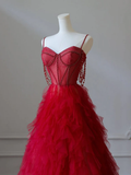 A-Line Sweetheart Neck Tulle Beads Burgundy Long Prom Dress HZ1022