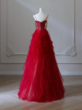 A-Line Sweetheart Neck Tulle Beads Burgundy Long Prom Dress HZ1022