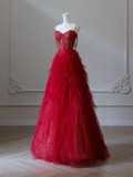 A-Line Sweetheart Neck Tulle Beads Burgundy Long Prom Dress HZ1022