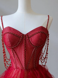 A-Line Sweetheart Neck Tulle Beads Burgundy Long Prom Dress HZ1022