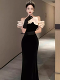Sexy Mermaid Off The Shoulder Black Velvet Floor Length Prom Dress HZ1022