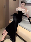 Sexy Mermaid Off The Shoulder Black Velvet Floor Length Prom Dress HZ1022