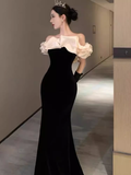 Sexy Mermaid Off The Shoulder Black Velvet Floor Length Prom Dress HZ1022