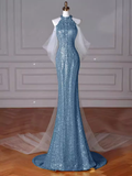 Sexy Mermaid Halter Sequin Blue Floor Length Prom Dress HZ1022