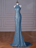 Sexy Mermaid Halter Sequin Blue Floor Length Prom Dress HZ1022