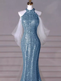Sexy Mermaid Halter Sequin Blue Floor Length Prom Dress HZ1022