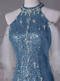 Sexy Mermaid Halter Sequin Blue Floor Length Prom Dress HZ1022