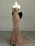 Sexy Mermaid Strapless Sequin Gold Floor Length Prom Dress HZ1022
