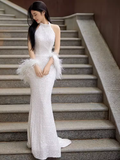 Sexy Mermaid High Neckline Sequin White Floor Length Prom Dress With Feathers HZ1022
