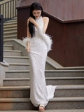 Sexy Mermaid High Neckline Sequin White Floor Length Prom Dress With Feathers HZ1022