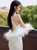 Sexy Mermaid High Neckline Sequin White Floor Length Prom Dress With Feathers HZ1022