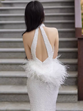 Sexy Mermaid High Neckline Sequin White Floor Length Prom Dress With Feathers HZ1022