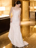 Vintage Mermaid Straps Long Ivory Sequin Wedding Dresses HZ1022