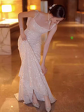 Vintage Mermaid Straps Long Ivory Sequin Wedding Dresses HZ1022
