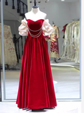 Gorgeous A line Off The Shoulder Velvet Red Prom Dress HZ1022